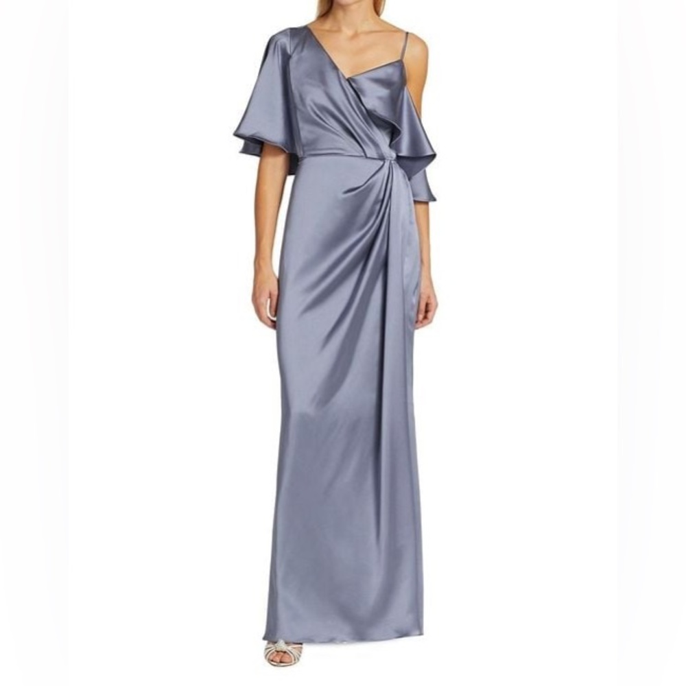 $498 Amsale Women's Blue Asymmetric Ruffle Sleeve Gown size 4